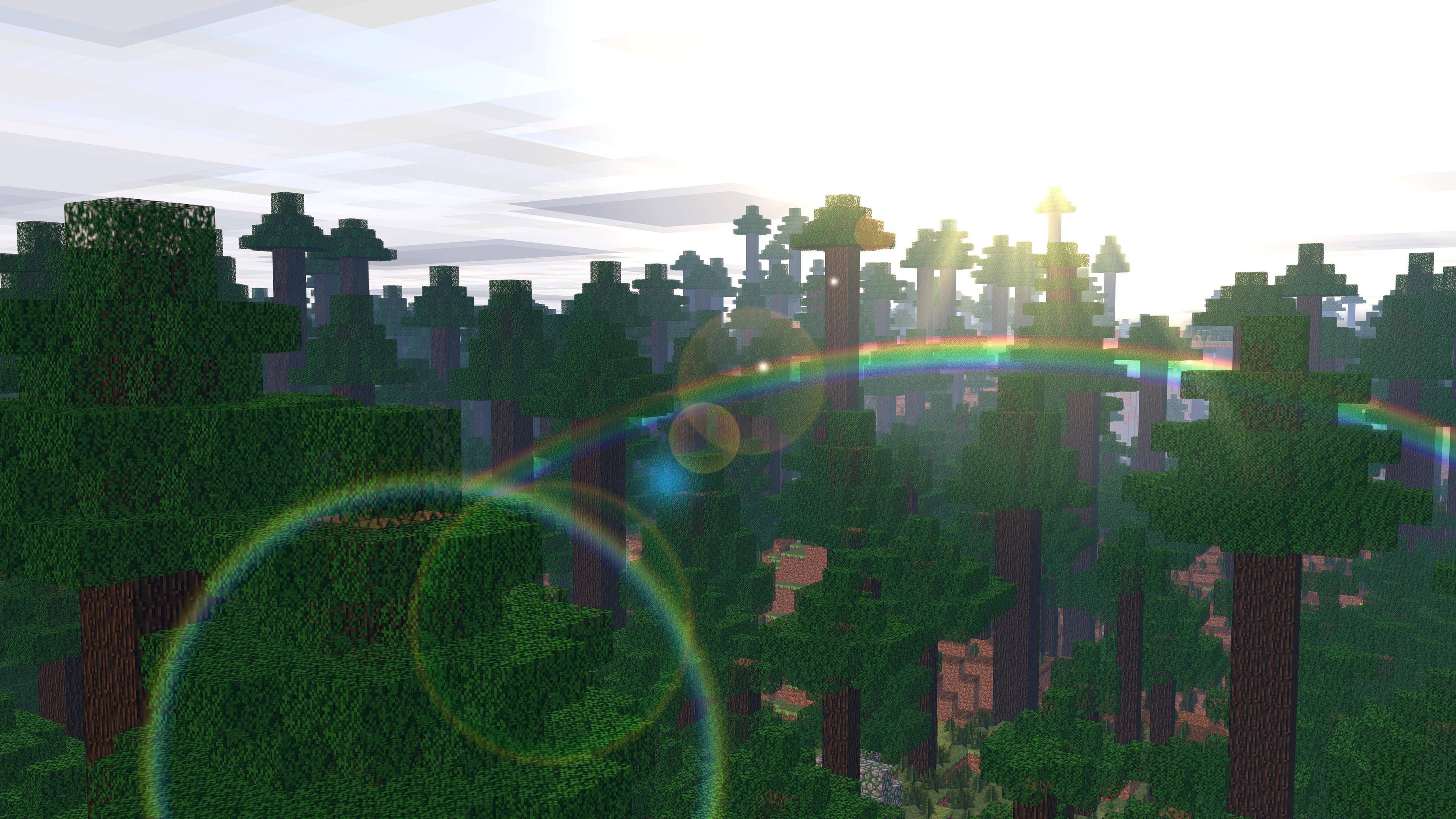 4K Minecraft 壁紙 桌布 壁紙 — 一個充滿活力的Minecraft森林沐浴在金色的日出光芒中，彩虹拱形穿過像素化的樹木。