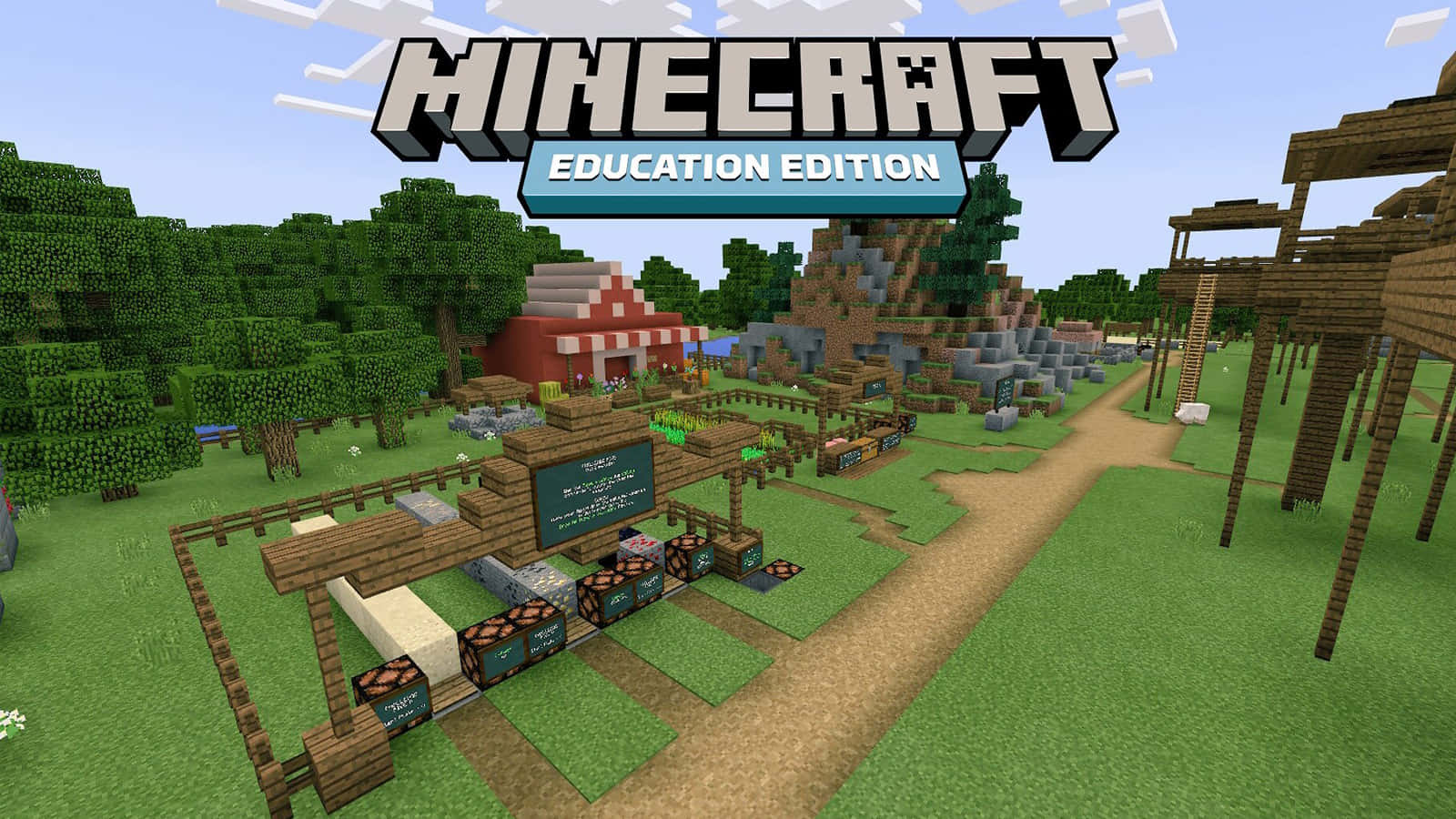 Minecraft Education Edition 桌布 壁紙 — 一個充滿活力的Minecraft Education Edition場景，有方塊狀的樹木、草地小徑和木造結構，在清澈的藍天下。
