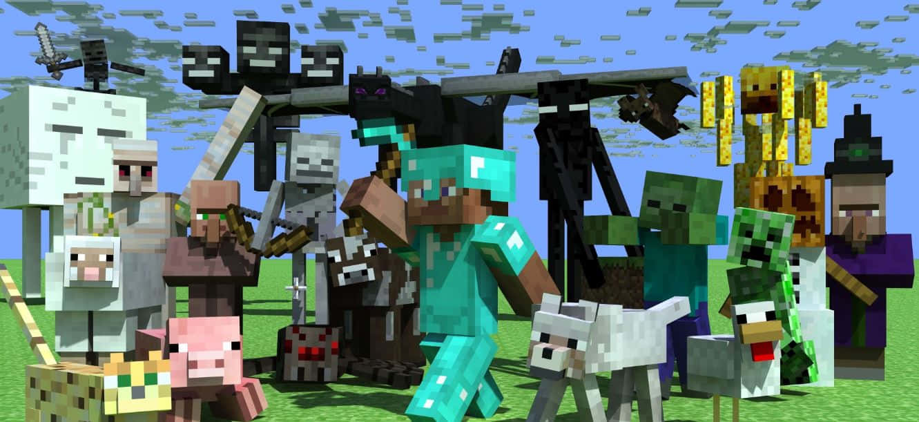Minecraft Pixel Art 桌布 壁紙 — 一個充滿活力的Minecraft場景， featuring 標誌性的像素角色如Steve和殭屍，一起站在草地上，天空呈方塊狀。