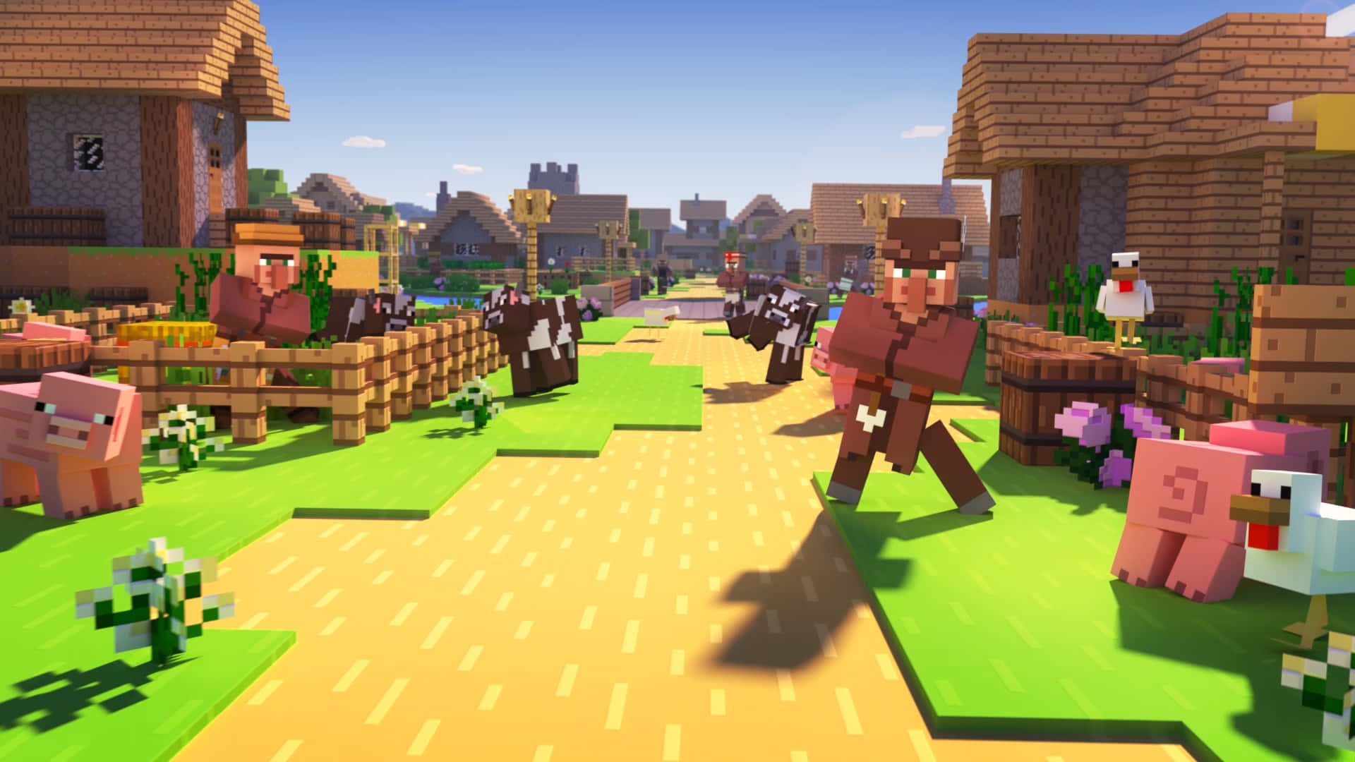 Minecraft Villages 桌布 壁紙 — 一個充滿活力的Minecraft村莊場景，像素化的村民和動物沿著陽光明媚的泥路。