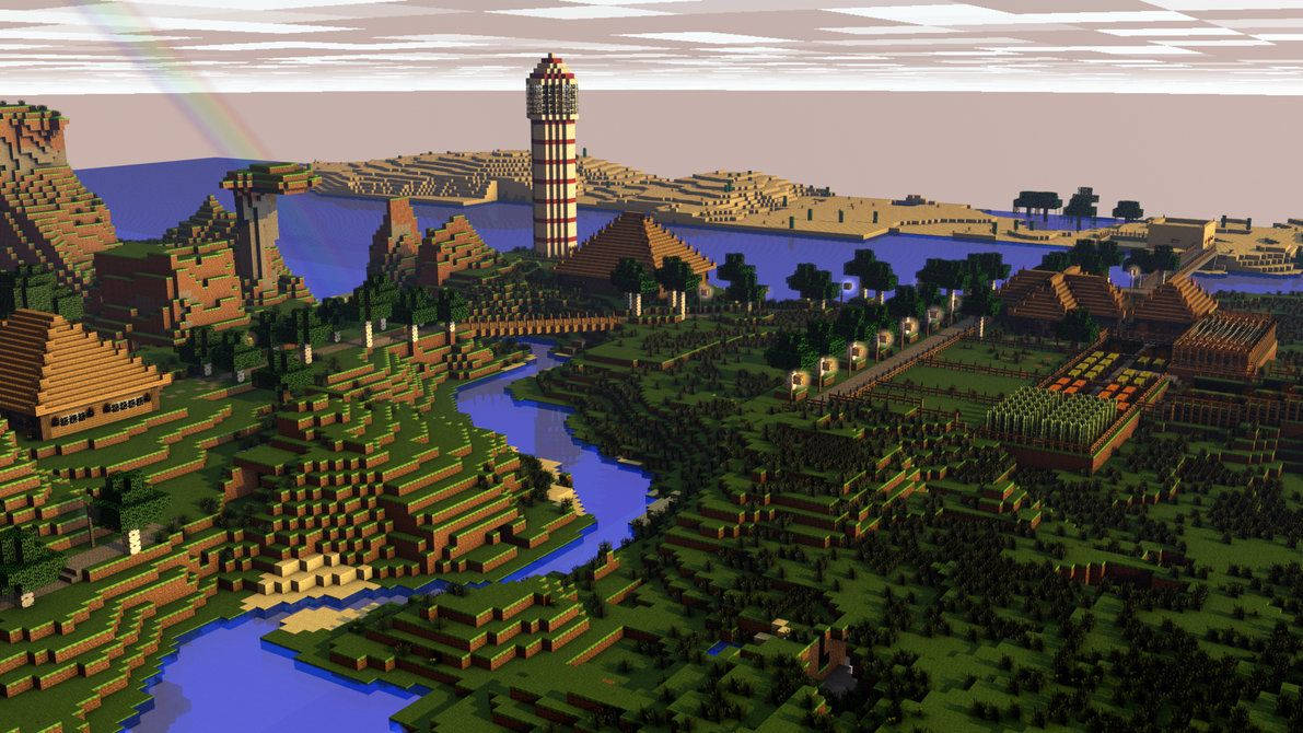 Minecraft Aesthetic 桌布 壁紙 — 一個充滿活力的Minecraft景觀，有河流、森林、金字塔和一道彩虹拱形跨越方塊地形。