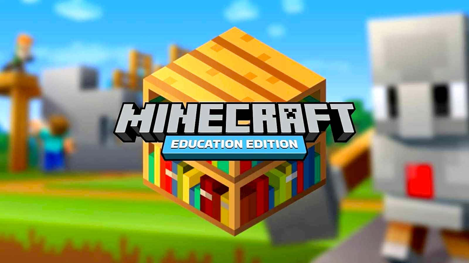 Minecraft Education Edition 桌布 壁紙 — 一個充滿活力的Minecraft Education Edition標誌，特色是彩色書架方塊，背景有像素化的殭屍和玩家，在清澈的藍天下。