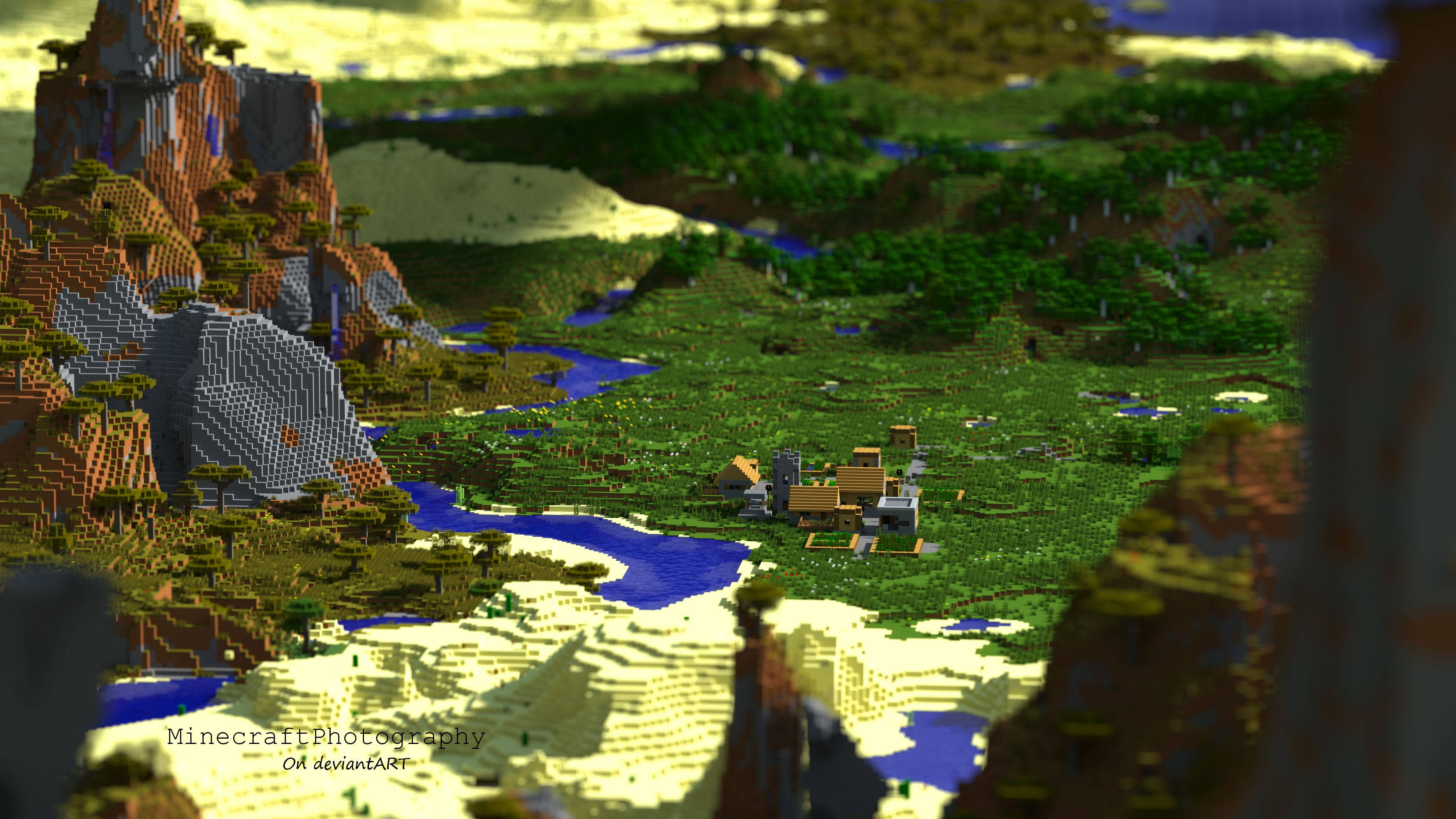 4K Minecraft 壁紙 桌布 壁紙 — 一個充滿活力的Minecraft景觀，有像素化的山脈、河流和一個坐落在鬱鬱蔥蔥綠色地形中的小村莊。