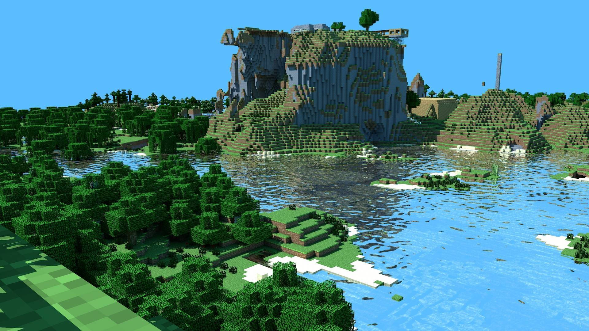 4K Minecraft 壁紙 桌布 壁紙 — 一個充滿活力的Minecraft景觀，擁有方塊狀的綠色森林、高聳的懸崖和晴朗天空下反射的藍色湖泊。