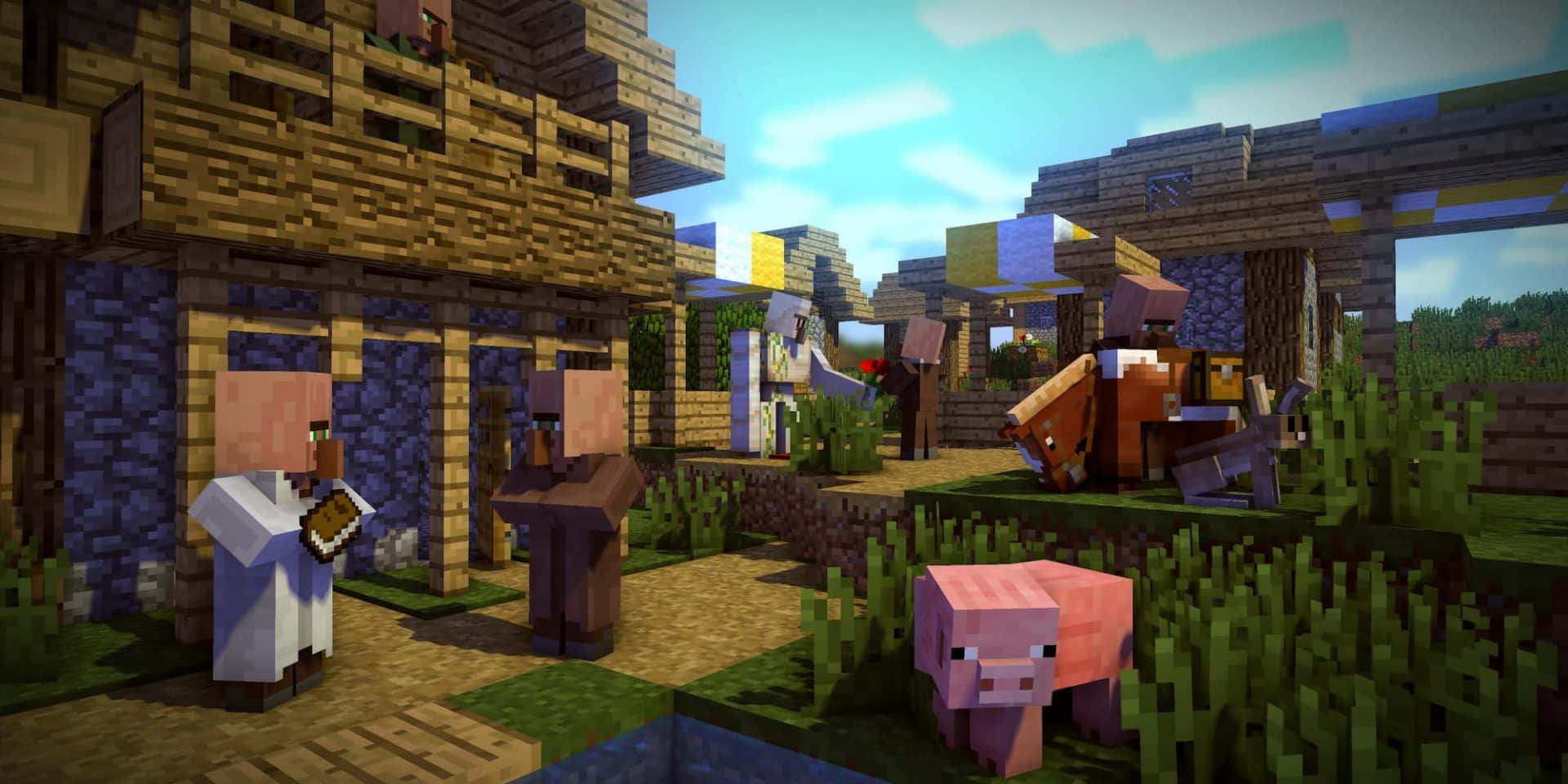 Minecraft Farming 桌布 壁紙 — 一個充滿活力的Minecraft村莊場景，有像素化的村民和動物，在明亮的藍天下。
