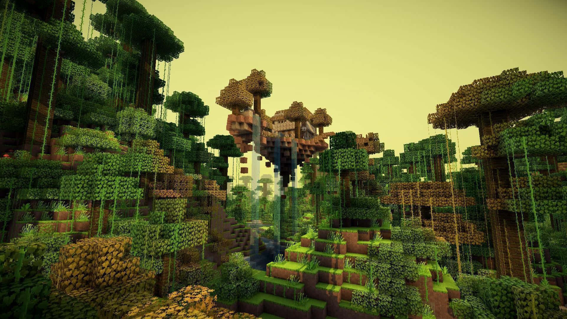 叢林 桌布 壁紙 — 一個充滿活力的Minecraft叢林，有高聳的方塊樹和層疊瀑布，在朦朧的黃色天空下。