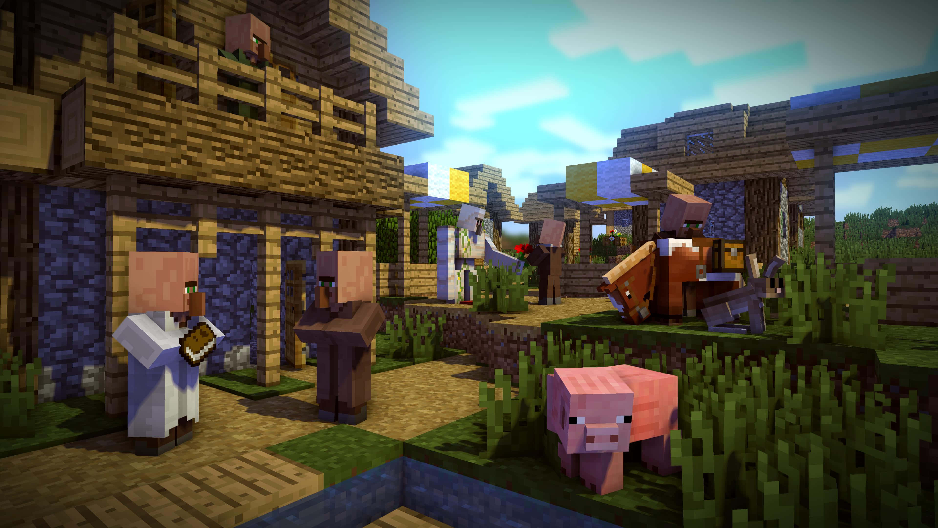 Minecraft Villager 桌布 壁紙 — 一個充滿活力的Minecraft村莊場景，有方塊狀的村民、豬和木屋，在明亮的藍天下。