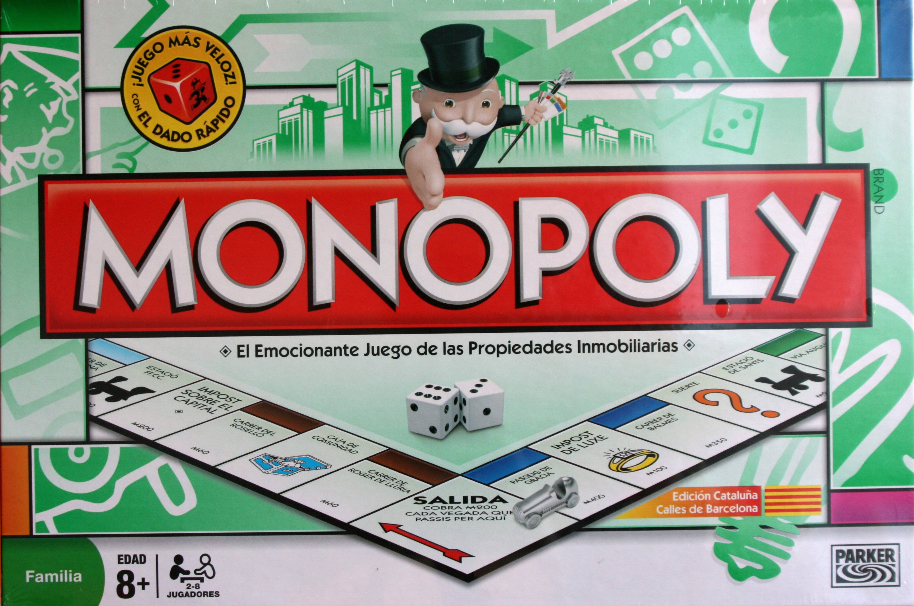 地產大亨 桌布 壁紙 — 一個充滿活力的Monopoly遊戲盒，上面有標誌性的戴高帽、手持拐杖的吉祥物，背景是城市天際線、骰子和物業卡。