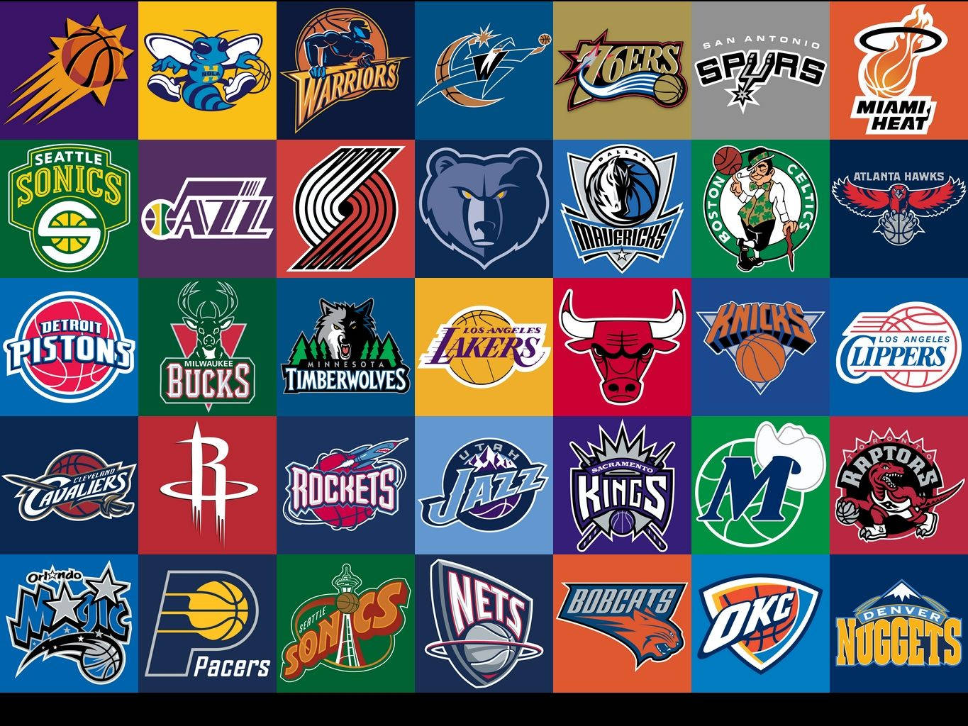 以彩色網格圖案排列的NBA球隊標誌集合。
