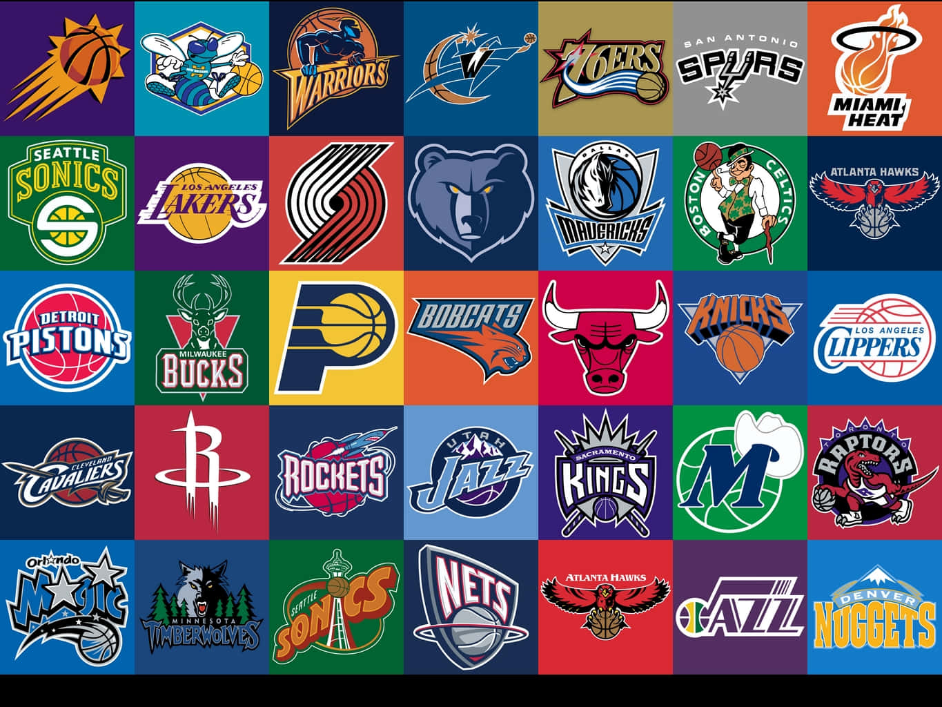 桌布 壁紙 — 一個充滿活力的NBA球隊標誌網格，在對比鮮明的背景上展示大膽的色彩和標誌性的吉祥物。
