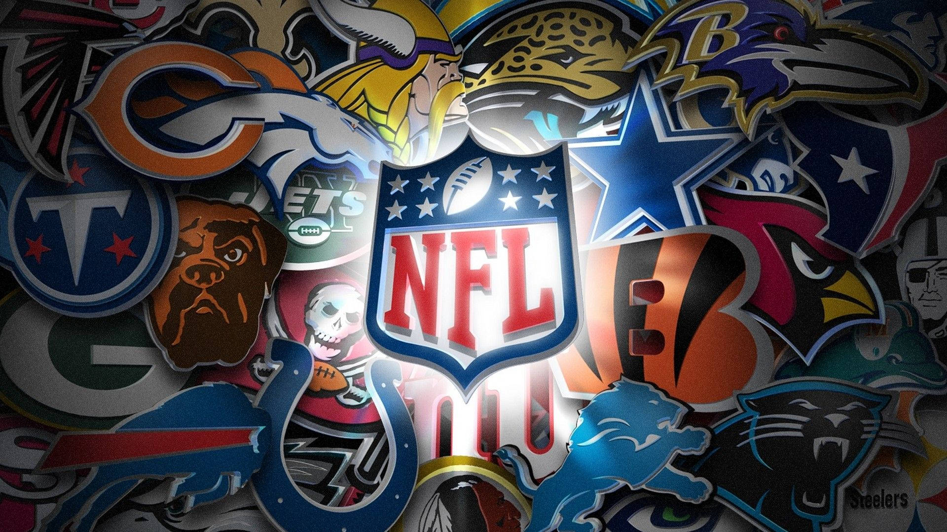 Cool NFL 桌布 壁紙 — 一個充滿活力的NFL球隊標誌拼貼畫，以動態貼紙風格重疊排列，帶有發光高光。