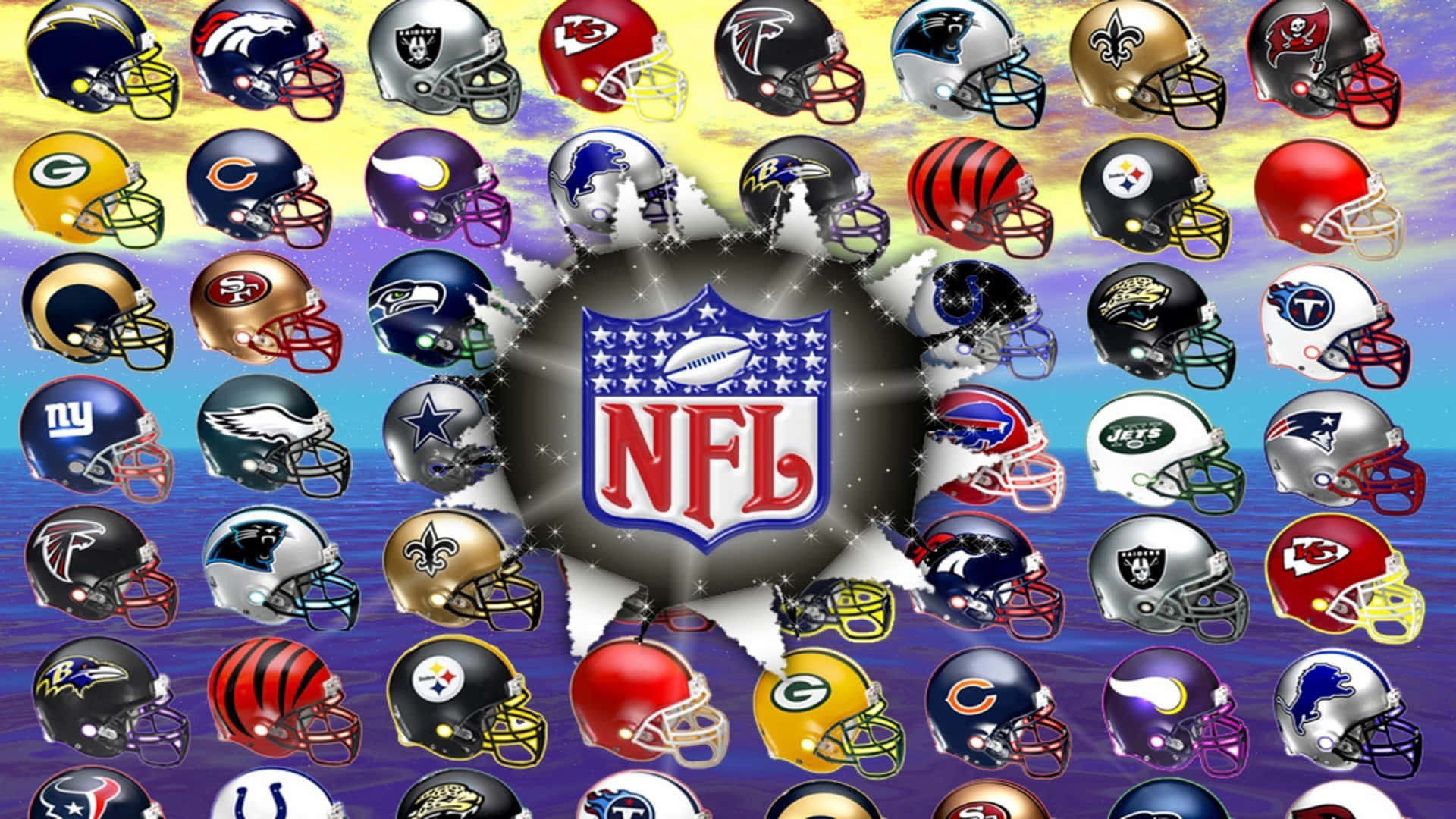 NFL 桌布 壁紙 — 一個充滿活力的NFL球隊頭盔拼貼畫，圍繞著中央發光的NFL標誌，背景是色彩繽紛的天空。