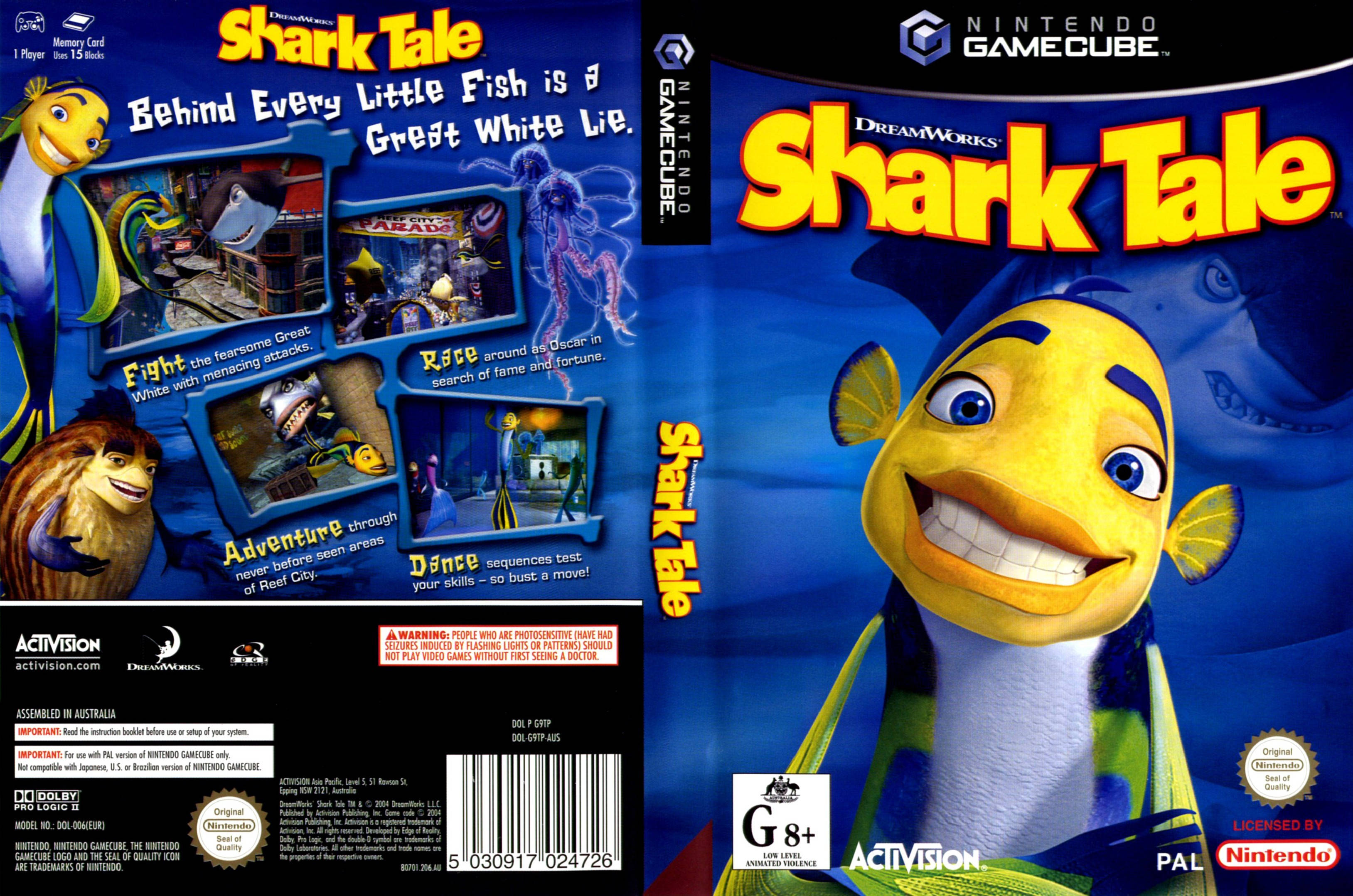 Shark Tale 桌布 壁紙 — 一個充滿活力的Nintendo GameCube《鯊魚故事》封面，主角是一條微笑的黃色魚，背景是深藍色的海洋。