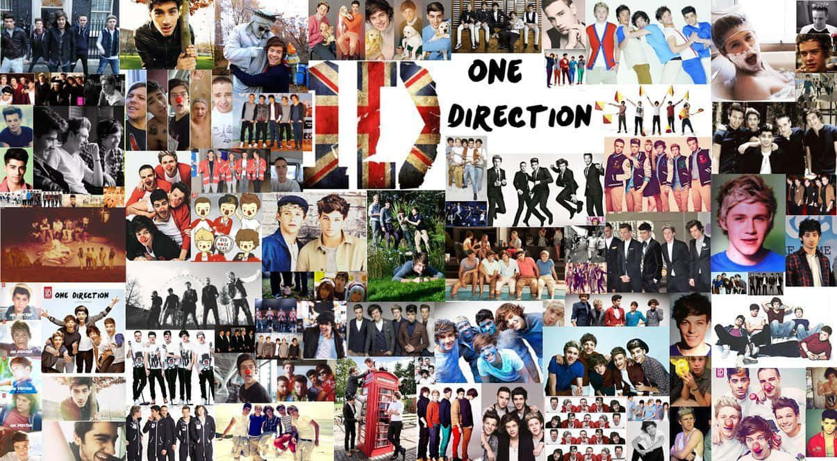 One Direction Laptop 桌布 壁紙 — 一個充滿活力的One Direction樂隊照片拼貼，包含坦率的照片、團體照片和標誌性圖像，背景為白色。