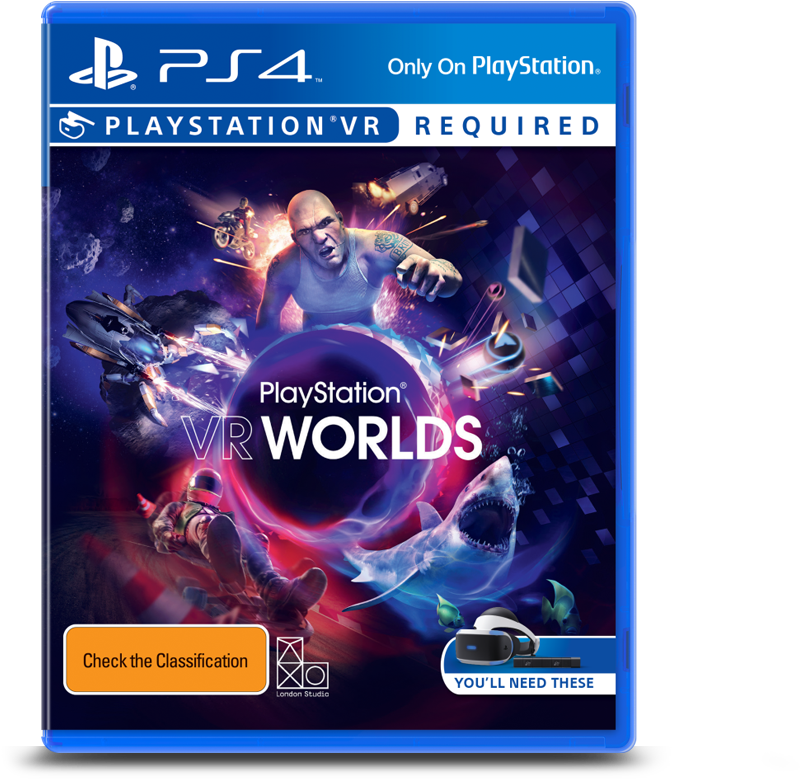 PlayStation 桌布 壁紙 — 一個充滿活力的PlayStation VR Worlds遊戲封面，上面有一個光頭男子、鯊魚、摩托車和太空船，背景是宇宙。