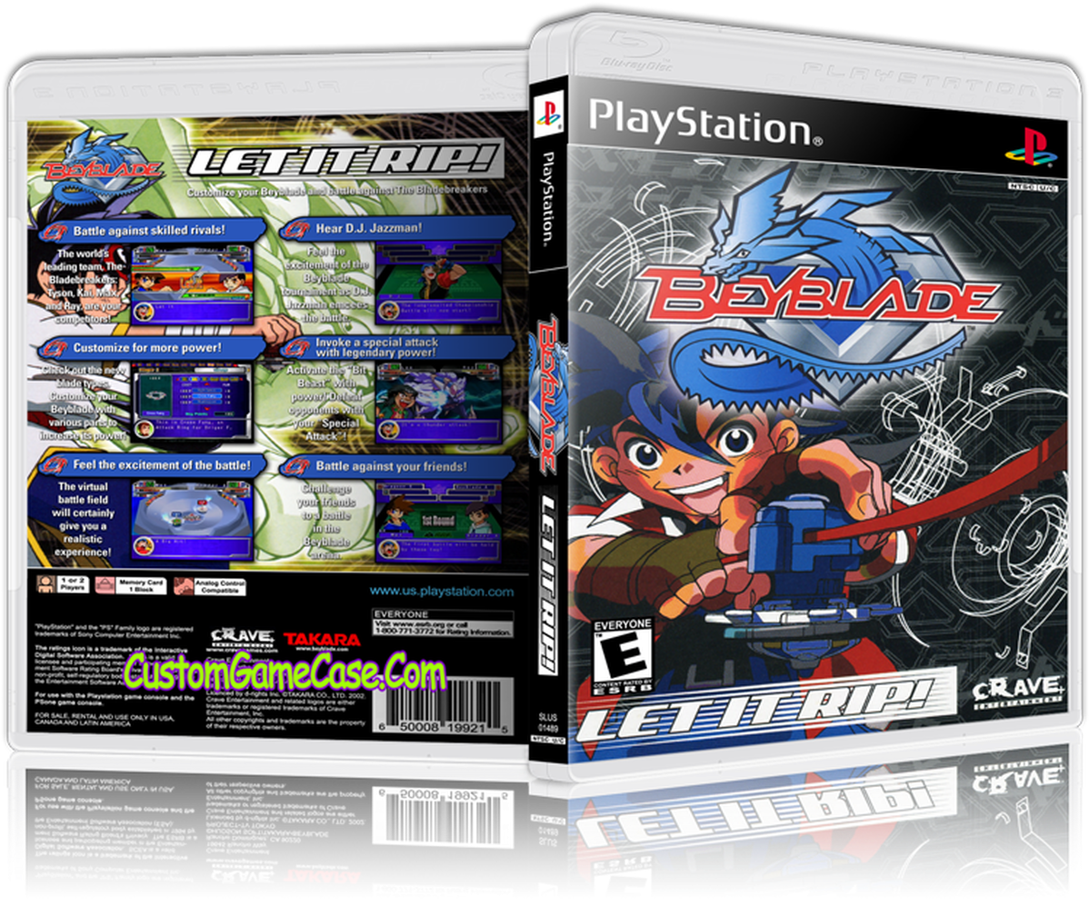 Beyblade 桌布 壁紙 — 一個充滿活力的PlayStation遊戲盒，用於Beyblade Let It Rip!，上面有一個微笑的動畫男孩發射帶有藍色龍圖案的陀螺。