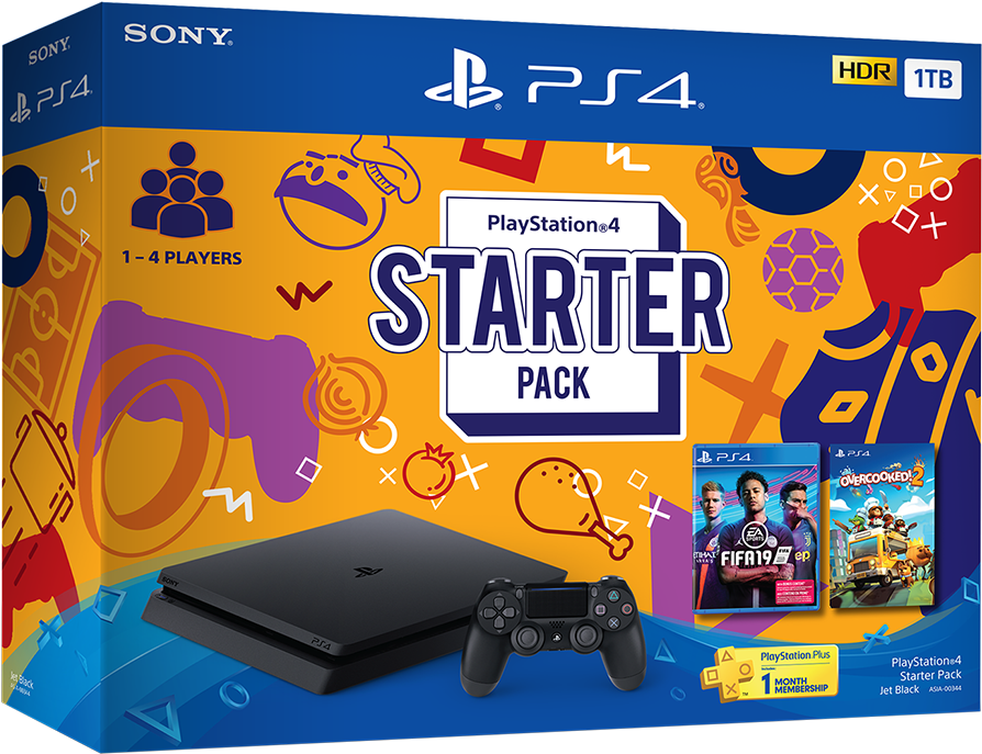 PlayStation 桌布 壁紙 — 一個充滿活力的PlayStation 4入門套裝盒，內有黑色主機控制器和遊戲盒，背景為色彩繽紛的抽象圖案。