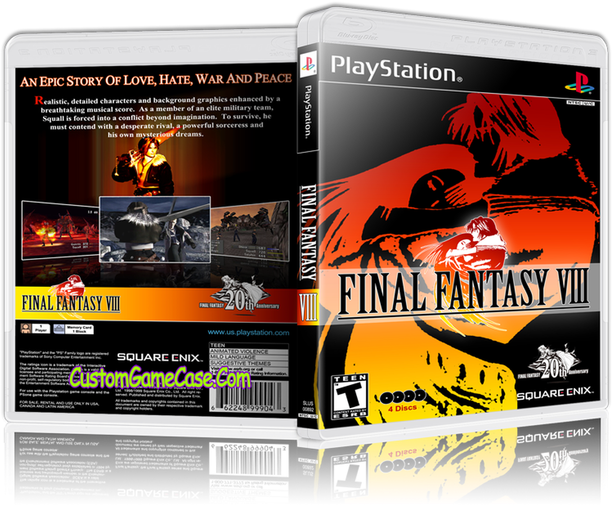 PlayStation 桌布 壁紙 — 一個充滿活力的PlayStation遊戲盒，用於《最終幻想VIII》，具有大膽的紅橙色和黑色藝術作品，風格化的角色和戲劇性的燈光。