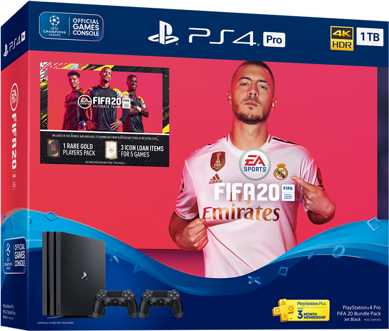 PlayStation 桌布 壁紙 — 一個充滿活力的PS4 Pro主機盒，上面有身穿粉紅色球衣的足球運動員，背景為大膽的紅色和藍色。