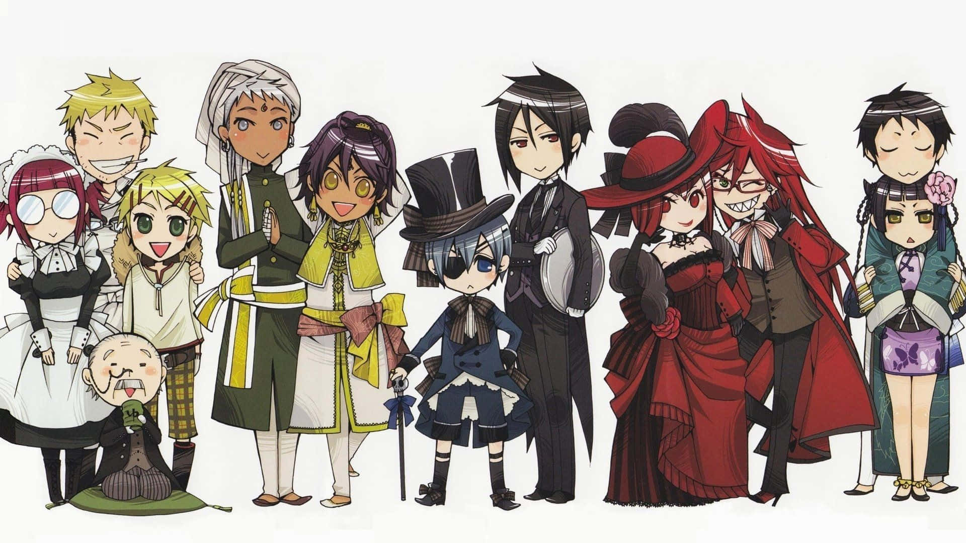 Black Butler 桌布 壁紙 — 一個充滿活力的Q版動畫群體，包含多樣角色穿著精緻服裝，在純白背景前一起擺姿勢。