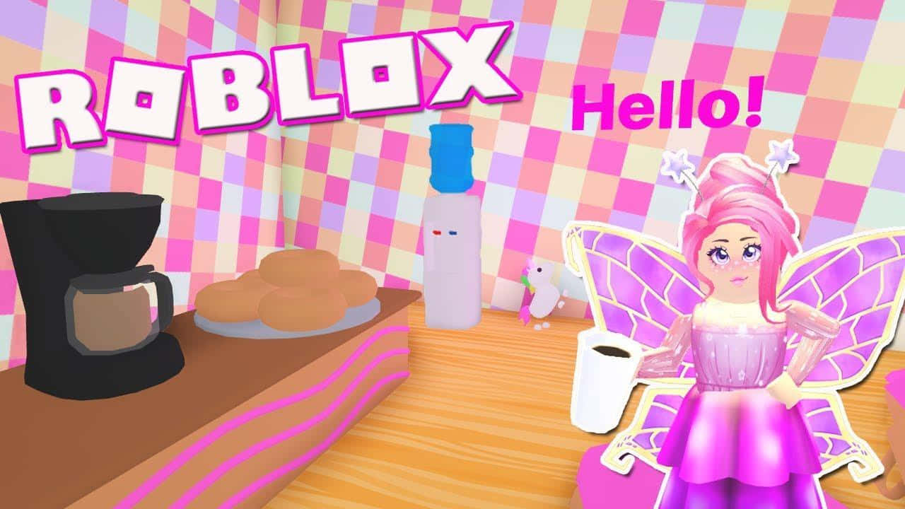 Roblox 桌布 壁紙 — 一個充滿活力的Roblox角色，擁有粉紅色頭髮和翅膀，坐在一個粉彩格紋房間裡，房間裡有咖啡機和糕點。