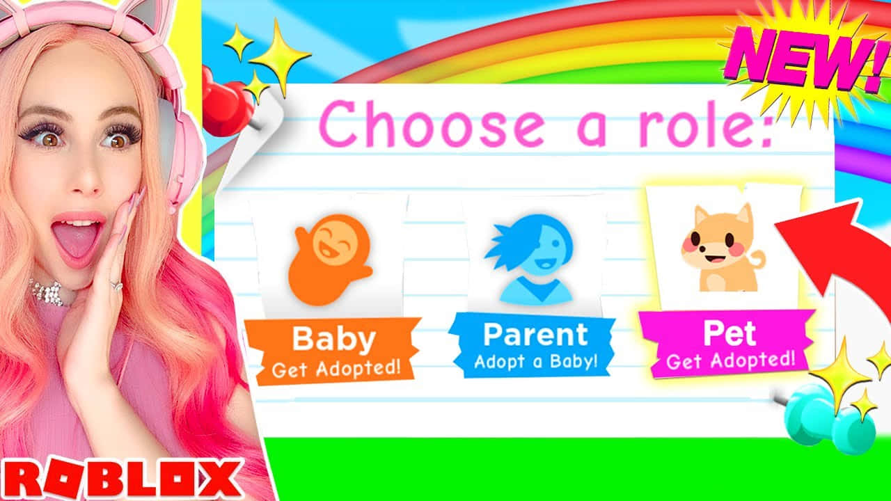 Roblox 桌布 壁紙 — 一個充滿活力的Roblox遊戲畫面，一個粉紅色頭髮的女孩興奮地指向角色選項：嬰兒、父母或寵物。