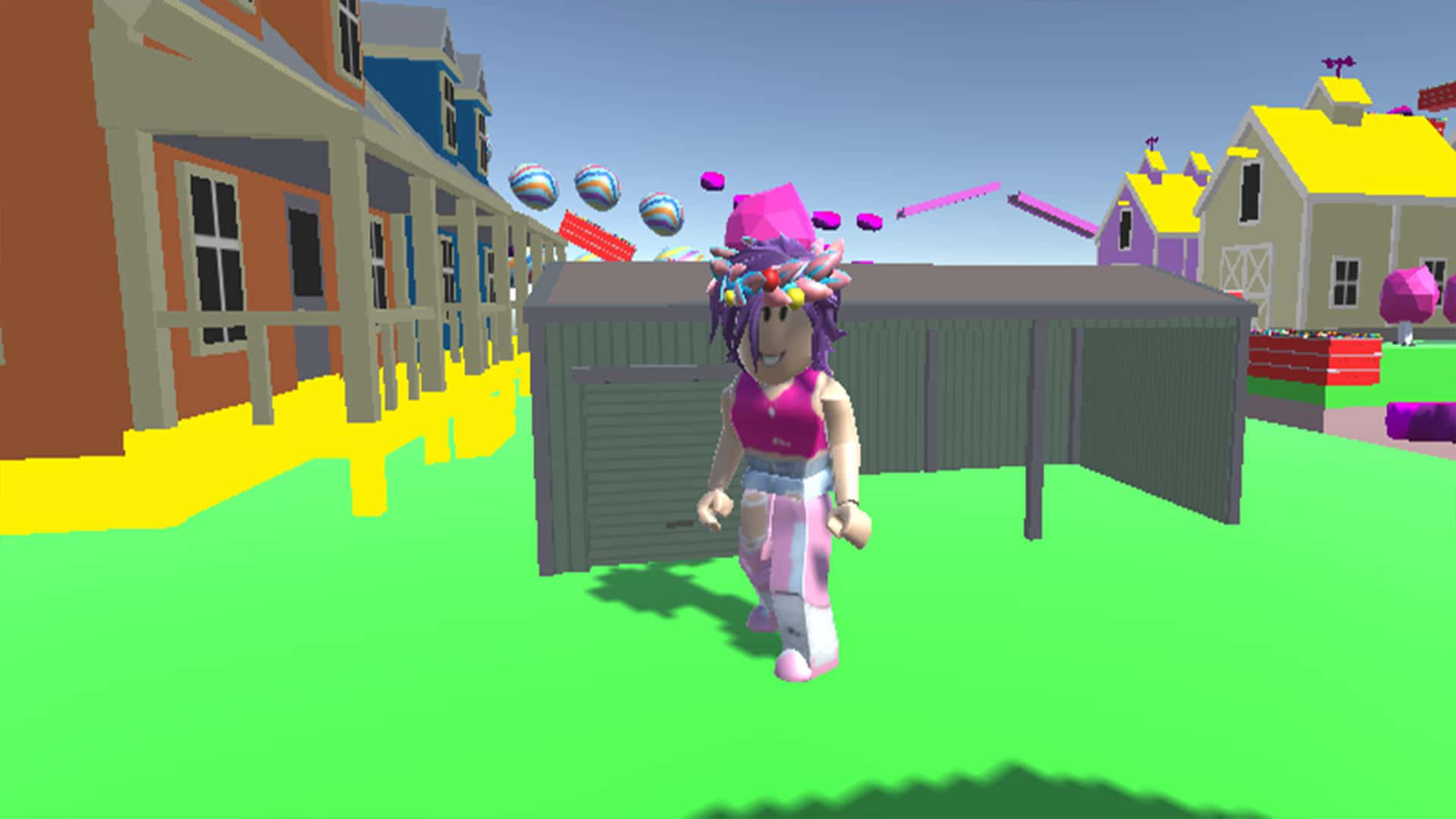 桌布 壁紙 — 一個充滿活力的Roblox頭像，紫色頭髮和粉紅色服裝，在一個有漂浮物體的彩色方塊村莊中跳舞。