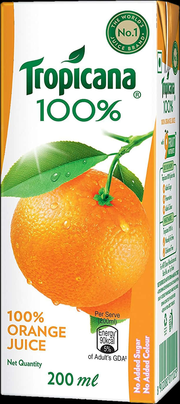 飲料 桌布 壁紙 — 一個充滿活力的Tropicana 100%柳橙汁盒，上面有一個帶有綠葉、沾滿露水的新鮮柳橙，背景是潔淨的白色。