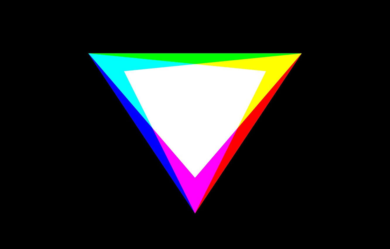 RGB 桌布 壁紙 — 一個充滿活力的倒三角形，帶有彩虹邊緣和白色中心，在黑色背景上脫穎而出。