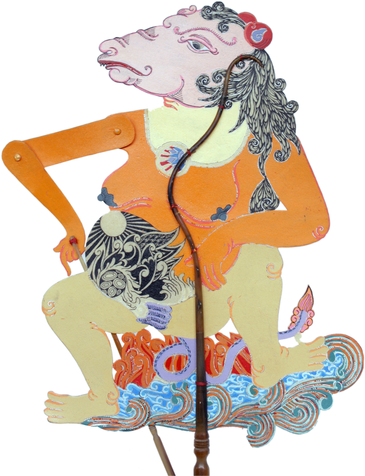 Clip Art 桌布 壁紙 — 一個充滿活力的傳統印尼哇揚皮影戲偶，帶有華麗圖案和猴子般的臉孔，在黑色背景上動態擺姿勢。