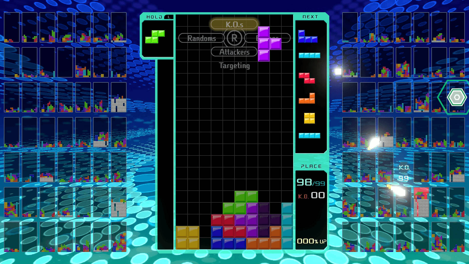 game 桌布 壁紙 — 一個充滿活力的像素藝術俄羅斯方塊遊戲介面，帶有發光的藍色和藍綠色網格以及色彩繽紛的落下方塊。
