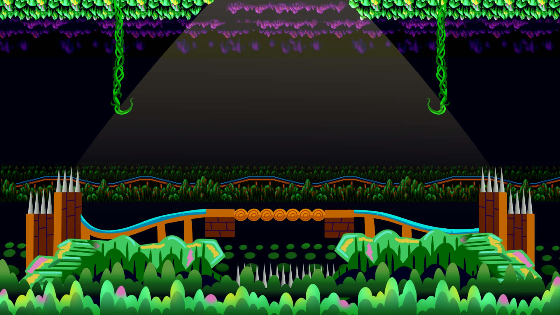 Sonic Mystic Cave Zone 桌布 壁紙 — 一個充滿活力的像素藝術叢林場景，在黑暗樹冠下有發光的藤蔓和一座橋。