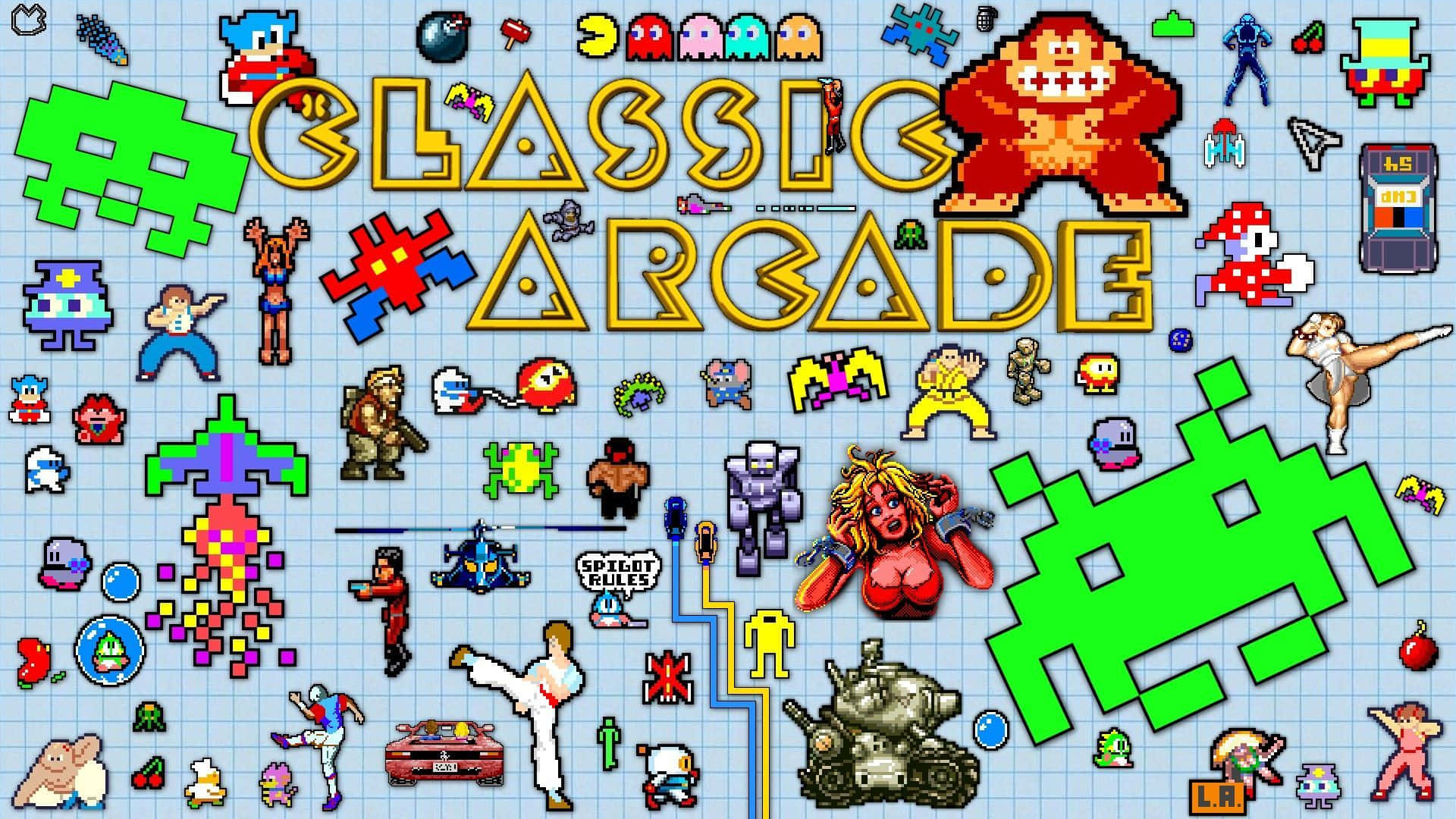 games 桌布 壁紙 — 一個充滿活力的像素藝術拼貼，以網格背景展示經典街機遊戲角色和標題。