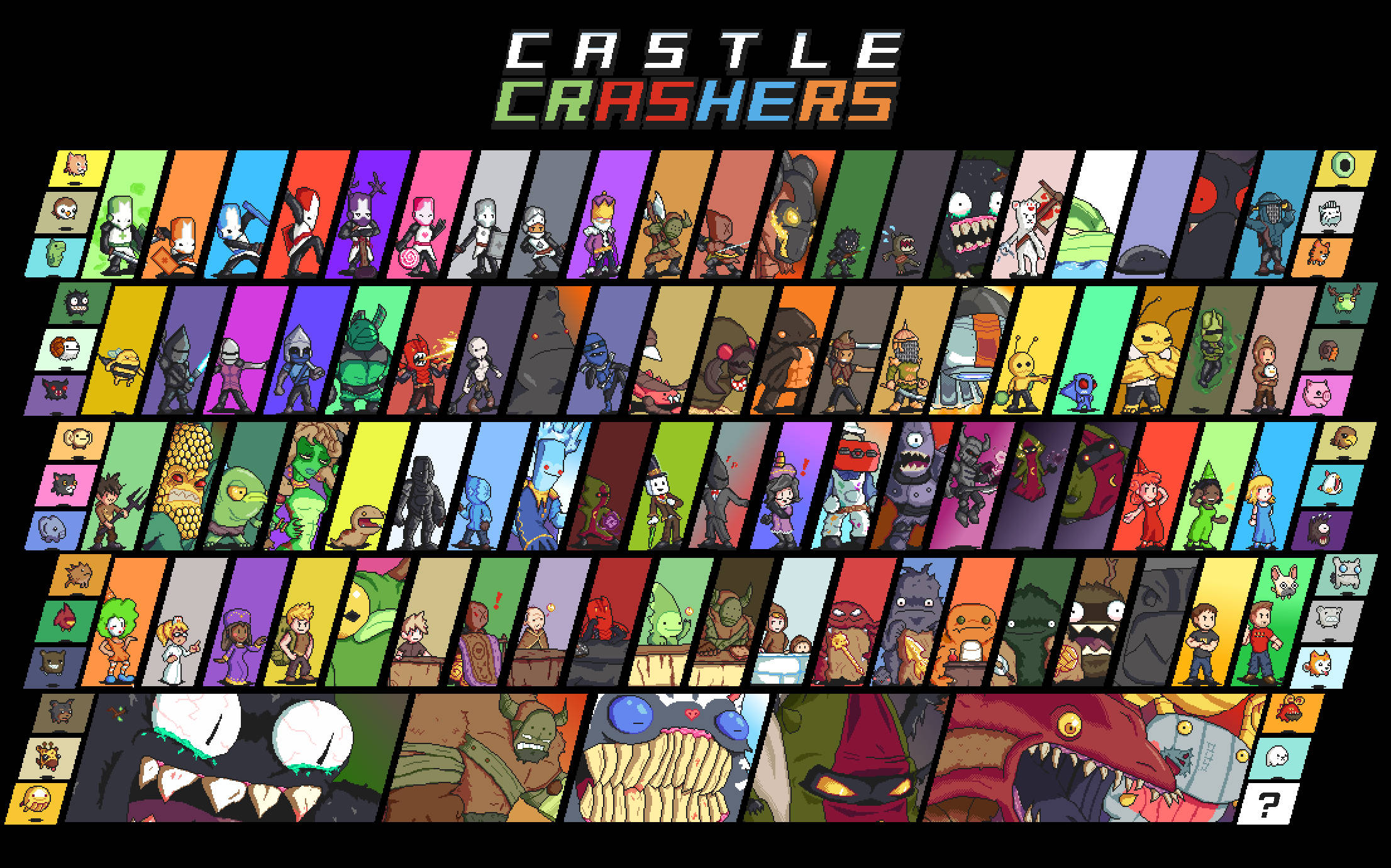 Castle Crashers 桌布 壁紙 — 一個充滿活力的像素藝術網格，展示《Castle Crashers》中的所有角色，每個角色都以彩色垂直面板呈現在黑色背景上。