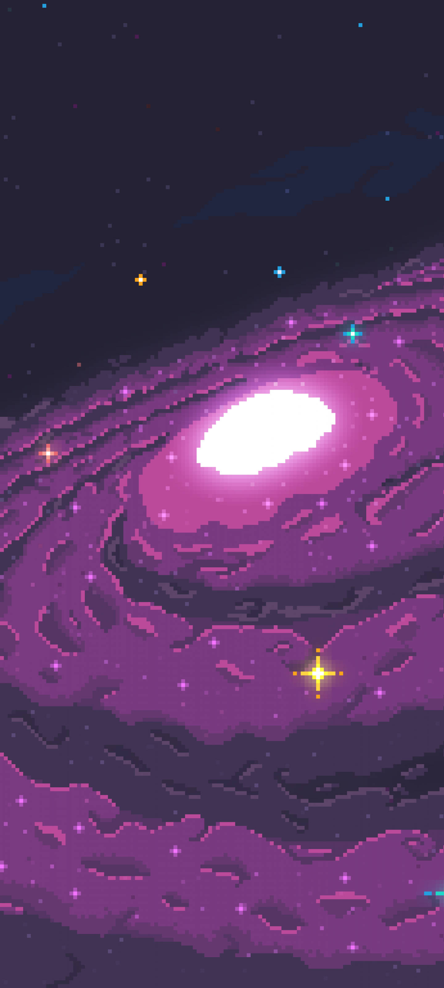 Dark Pixel 桌布 壁紙 — 一個充滿活力的像素螺旋星系，帶有發光的紫色旋臂和明亮的星星，在黑暗的宇宙背景中旋轉。