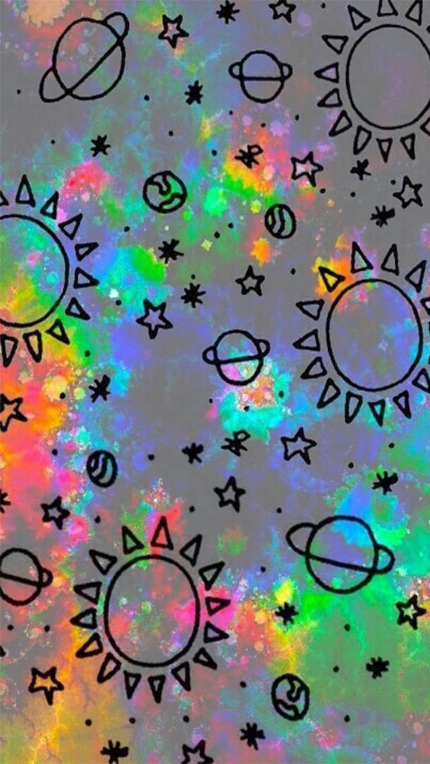 太空 桌布 壁紙 — 一個充滿活力的全息太空場景，黑色輪廓的太陽、行星和星星散落在閃爍的彩虹漸變背景上。