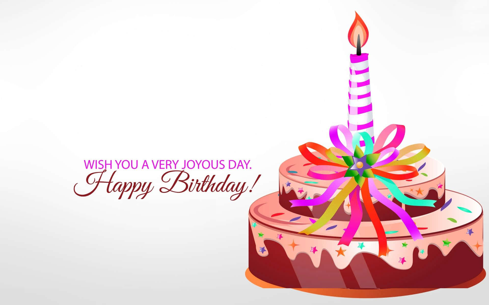 Birthday Wishes 桌布 壁紙 — 一個充滿活力的兩層生日蛋糕，帶有條紋蠟燭和彩色絲帶蝴蝶結，背景為潔淨的白色。