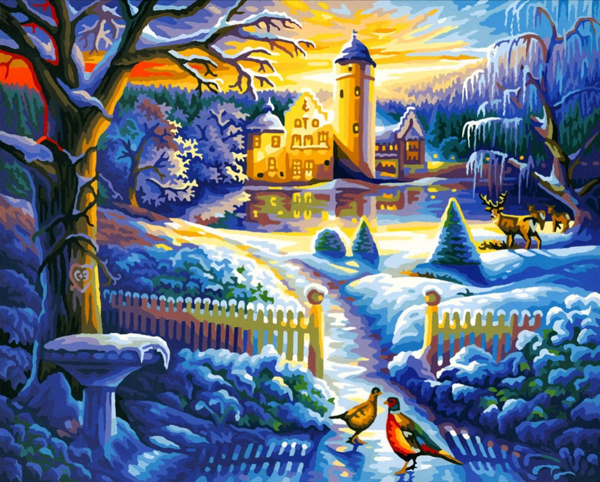 冰雪城堡 桌布 壁紙 — 一個充滿活力的冬季場景，被雪覆蓋的城堡在日落時溫暖地發光，鹿在吃草，色彩繽紛的鳥兒在小路上。