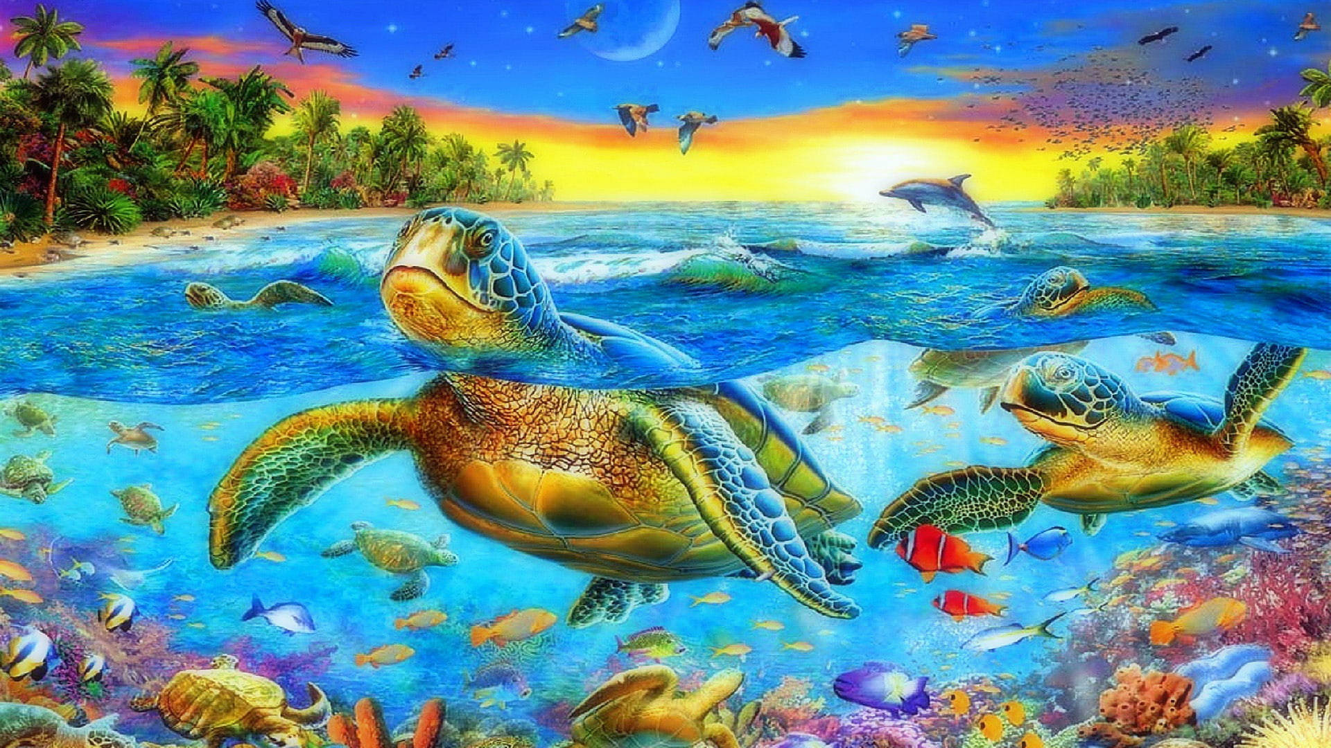 Tropical 桌布 壁紙 — 一個充滿活力的分層水下場景，顯示海龜在色彩繽紛的珊瑚礁上方游泳，海豚跳躍，鳥類在熱帶日落海灘上空飛翔。