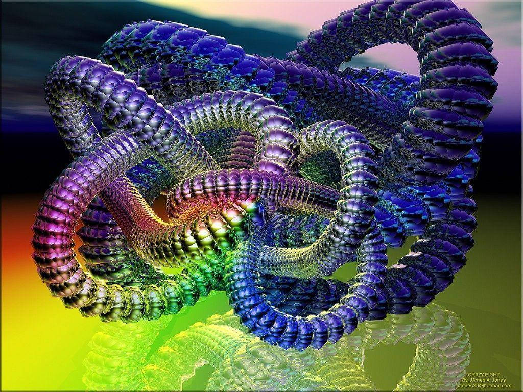 瘋狂 桌布 壁紙 — 一個充滿活力的分形雕塑，由交織的、分段的管子組成，在漸變的天空中發出彩虹色調的光芒。