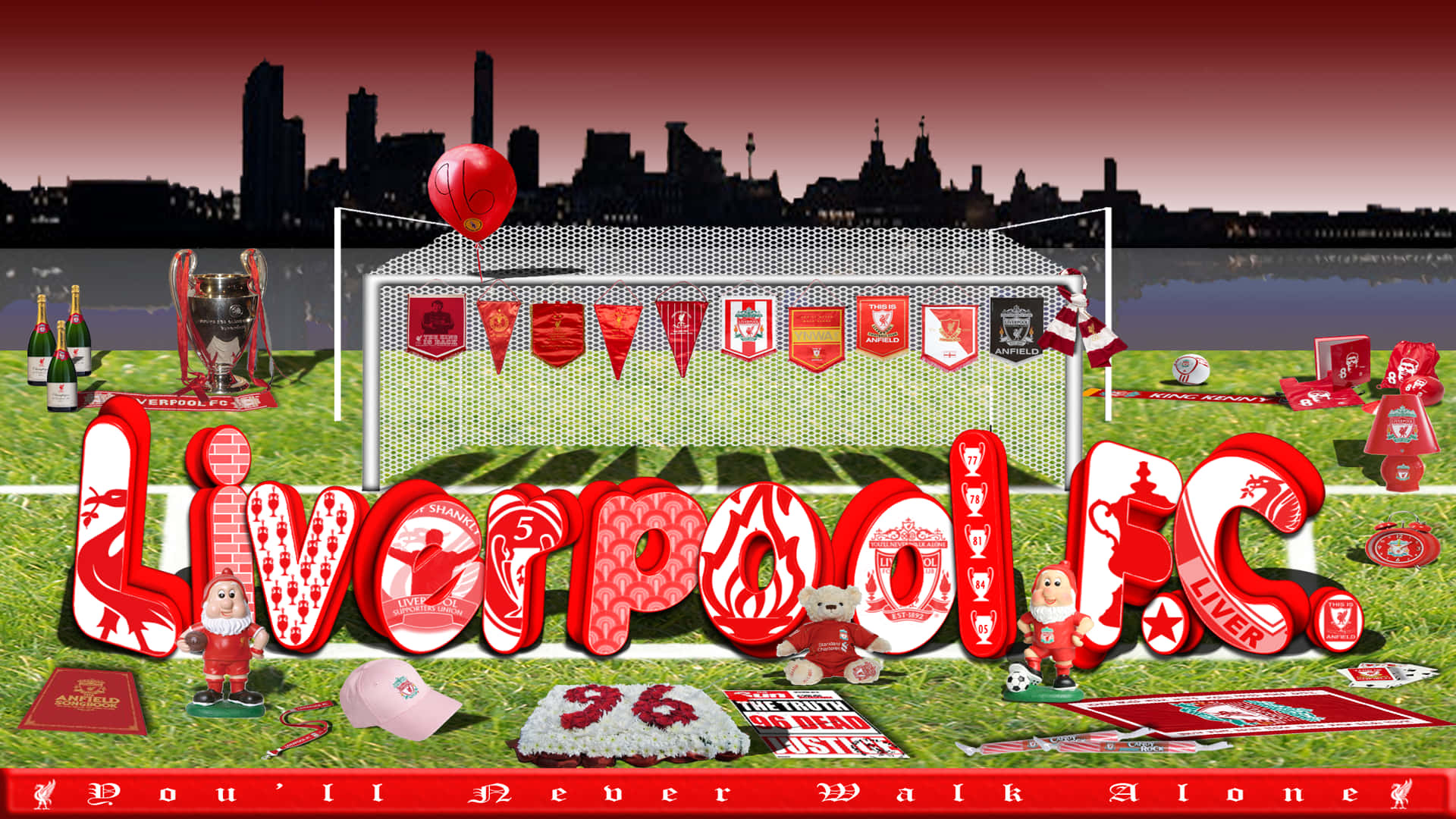 Liverpool Fc Desktop 桌布 壁紙 — 一個充滿活力的利物浦球迷致敬，獎盃、圍巾和紀念品排列在足球場上，背景是城市天際線。