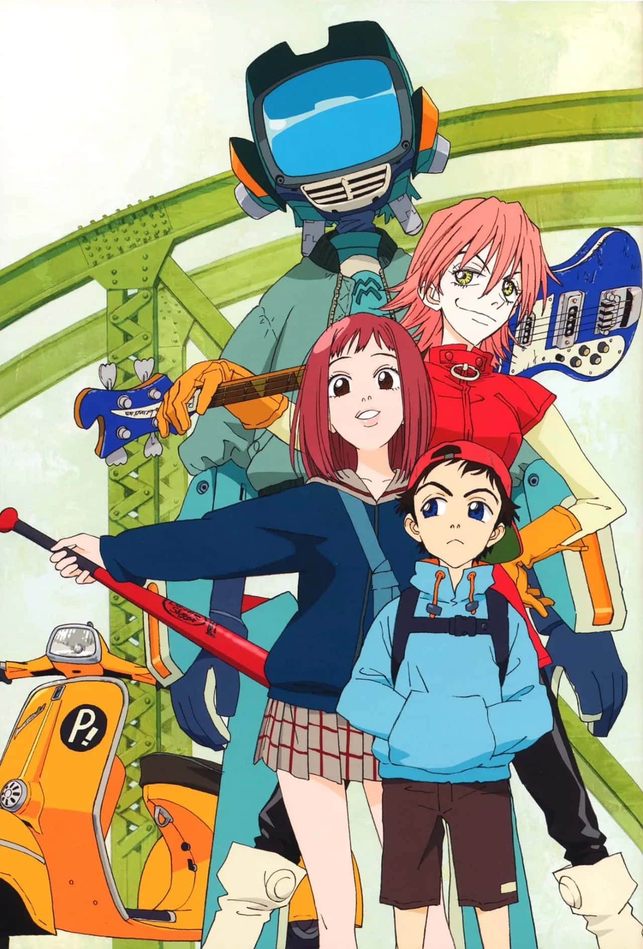 Flcl Canti 桌布 壁紙 — 一個充滿活力的動漫四人組，帶著一個機器人和滑板車在綠色橋下。