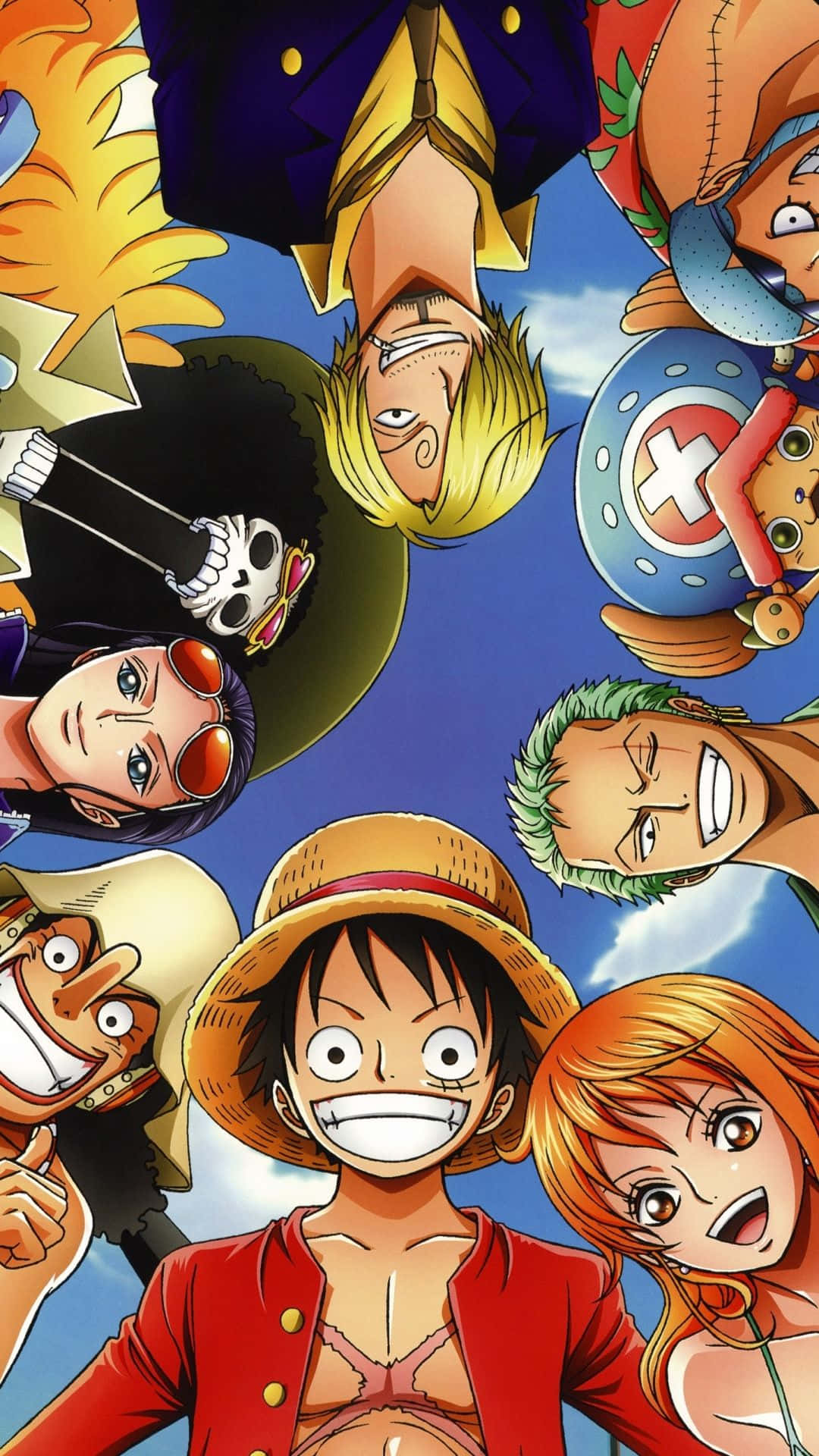 海賊王 桌布 壁紙 — 一個充滿活力的動漫圓圈，One Piece 船員們微笑著在藍天白雲下擺姿勢。