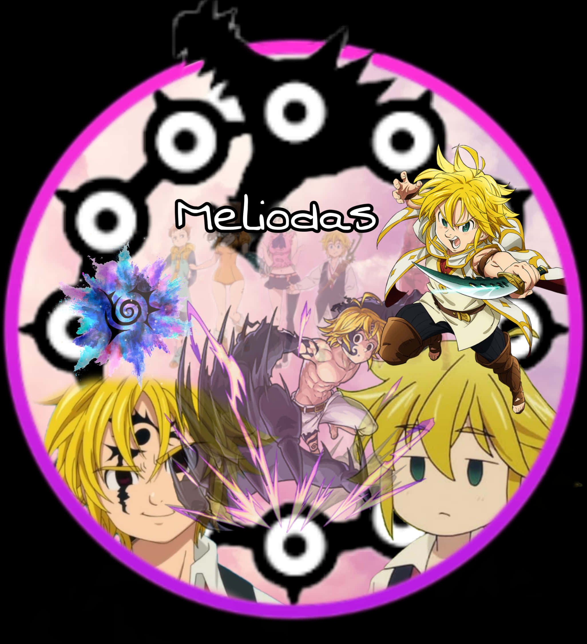 梅利奧達斯 桌布 壁紙 — 一個充滿活力的動漫圓形拼貼畫， featuring Meliodas 和其他角色，帶有粉紅色發光邊框和黑色眼睛圖案。