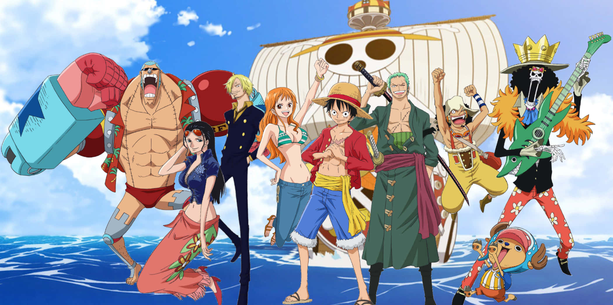 Straw Hat Pirates 桌布 壁紙 — 一個充滿活力的動漫團隊在藍天白雲下，勝利地站在海浪之上。