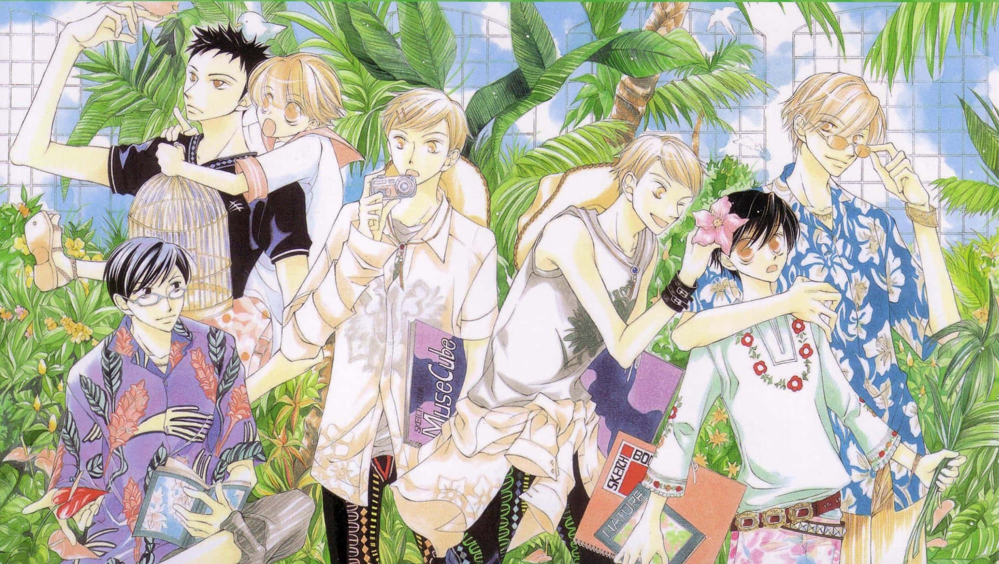 ouran high school host club 桌布 壁紙 — 一個充滿活力的動漫團體，七位時尚青少年在明亮的藍天下，在茂密的熱帶植物中頑皮地擺姿勢。