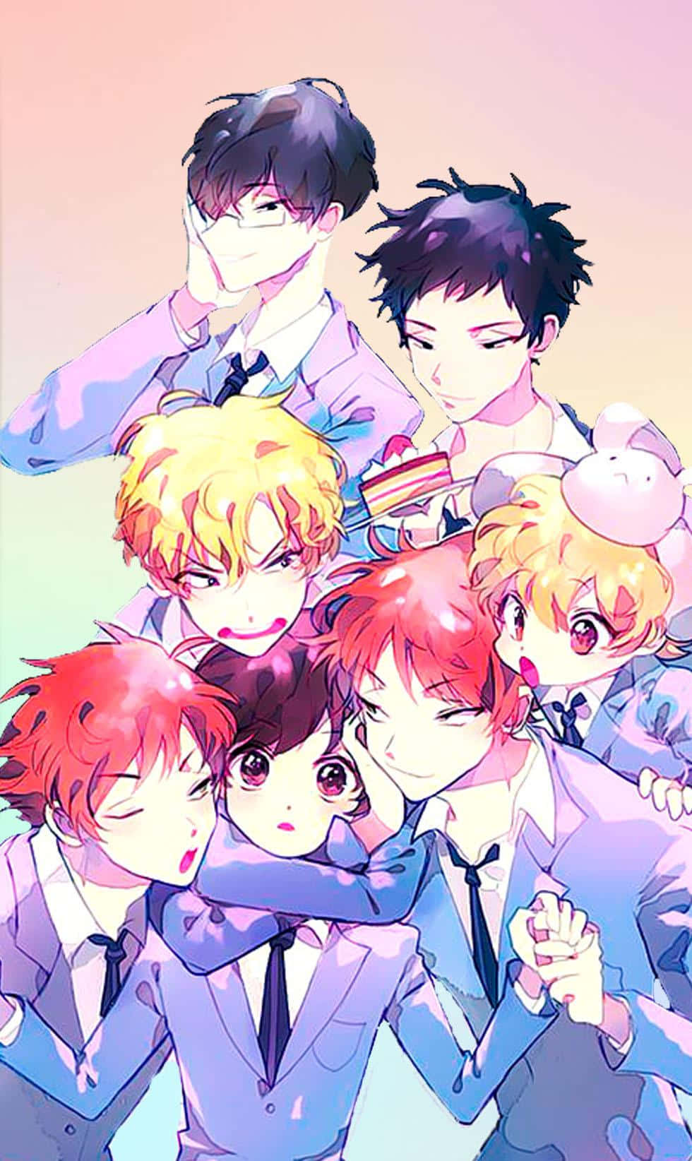 haruhi fujioka 桌布 壁紙 — 一個充滿活力的動漫團體，七位身穿西裝的年輕男性在柔和的漸變粉彩背景前，帶著俏皮的表情擠在一起。