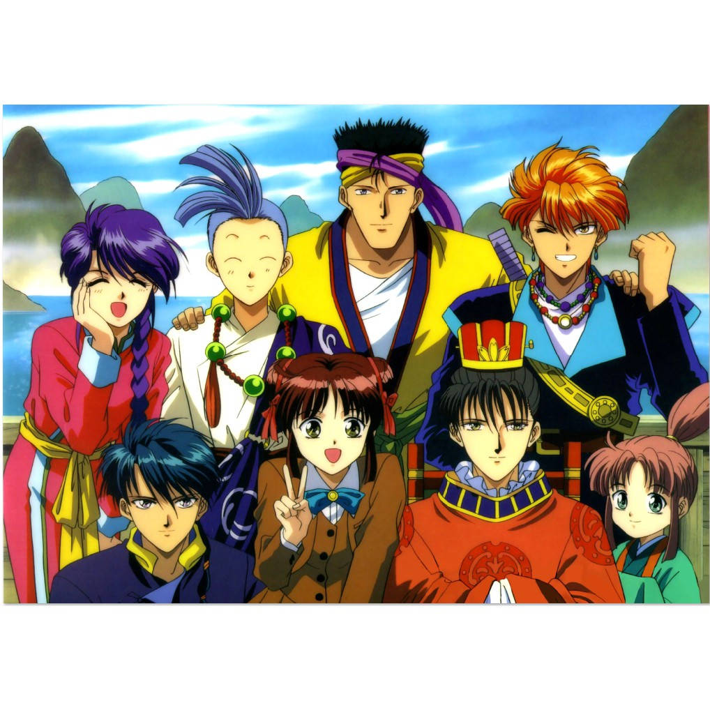 Fushigi Yuugi 桌布 壁紙 — 一個充滿活力的動漫團體，七個角色擁有色彩繽紛的頭髮和傳統服裝，在沿海山脈背景下愉快地擺姿勢。