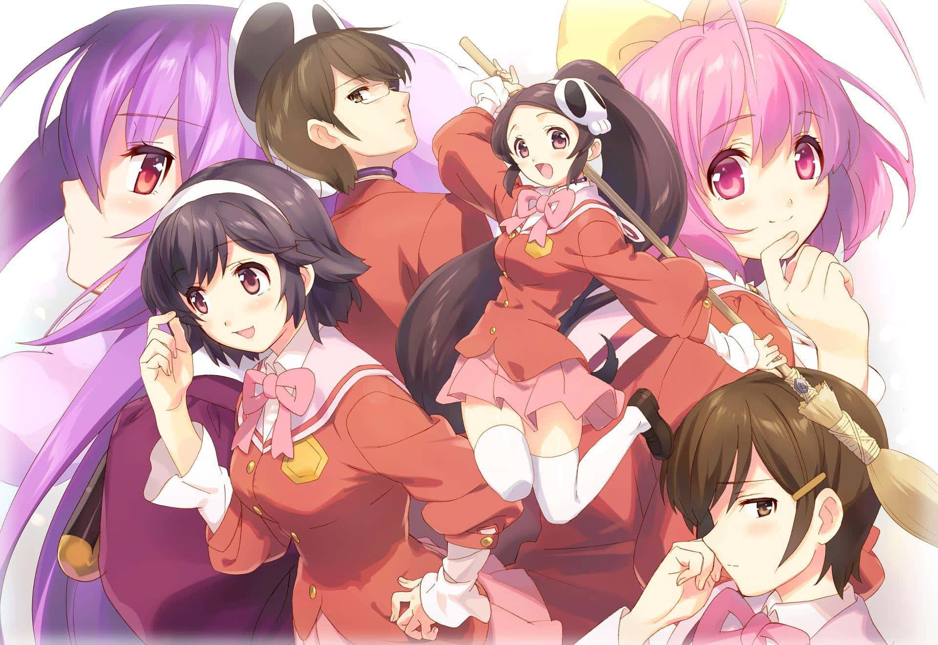 動畫 桌布 壁紙 — 一個充滿活力的動漫團體，六個穿著紅色校服的女孩，擺出俏皮的表情和魔法棒。