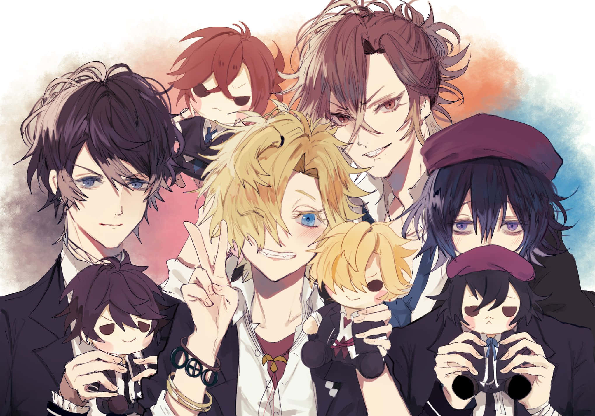 Bl Anime 桌布 壁紙 — 一個充滿活力的動漫團體，由七位年輕男性組成，擁有不同的髮色和表情，有些人手持Q版公仔，背景是柔和的水彩風格。